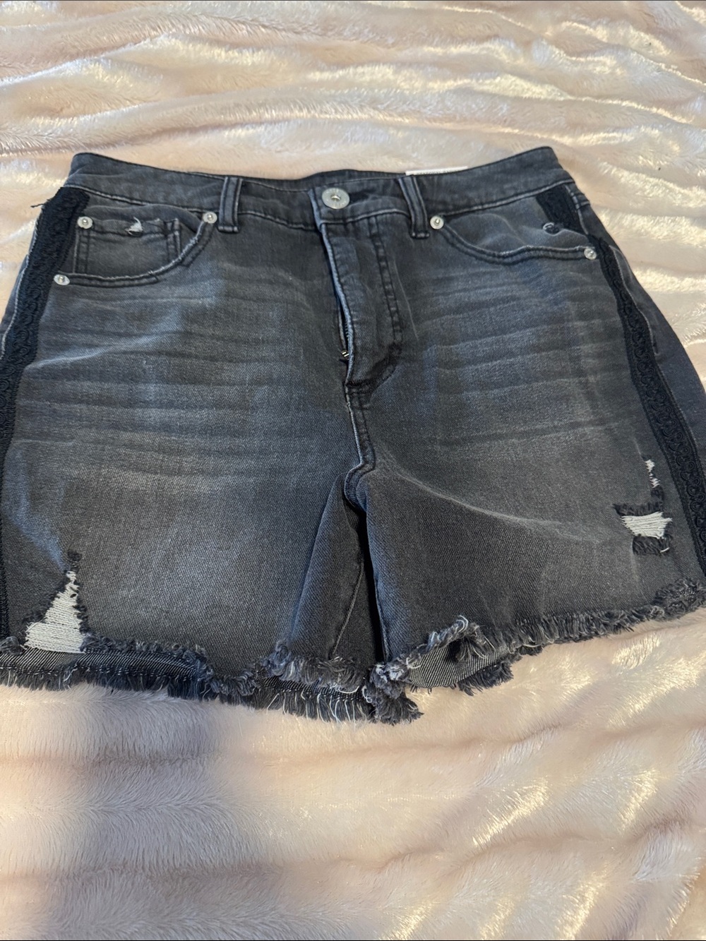 Washed Black Denim Lace Cutoff Shorts